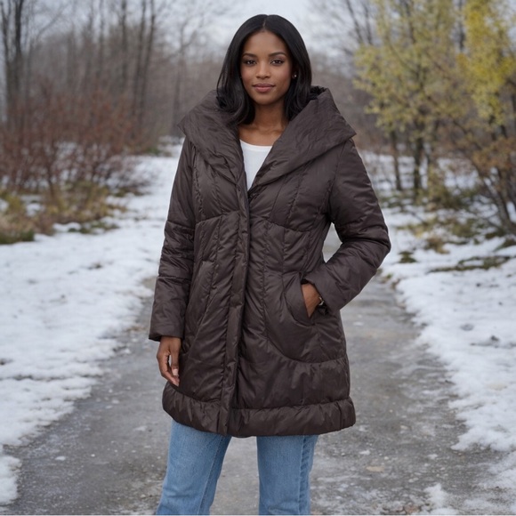 T Tahari Jackets & Blazers - T Tahari 70% Down Long Puffer Coat M Taupe Sculptural Collar Luxe Winter Spring